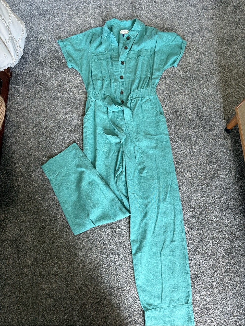 Universal Thread Teal Button-Front Utility Jumpsuit with Waist Tie